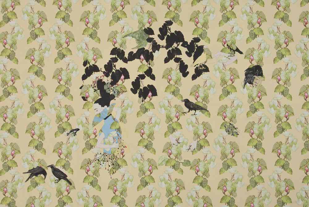 ESTEFANIA MARTÍN SÁENZ Los cuervos que adoraban a la mujer, 2015. Técnica mixta sobre tela estampada. 160x220cm